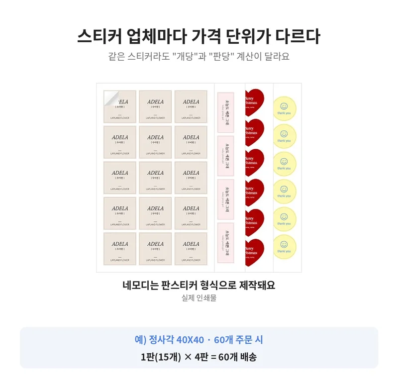 사각·하트·원형 스티커가 한 판에 여러 개 인쇄된 판스티커 실물과 정사각 40X40 60개 주문 시 15개씩 4판으로 받는다는 안내
