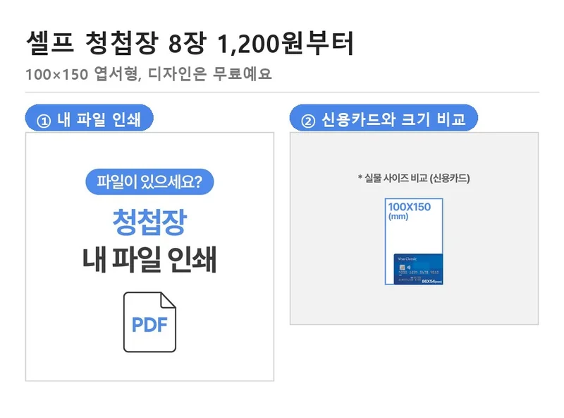 100×150 엽서형 청첩장 내 파일 인쇄 안내 그림과 신용카드와 크기를 비교한 그림