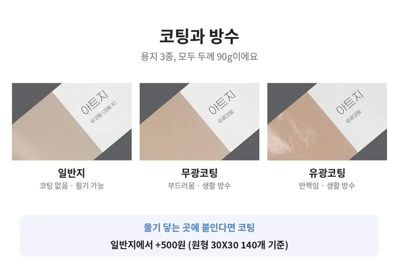 일반지·무광코팅·유광코팅 스티커 용지의 질감을 나란히 비교한 사진
