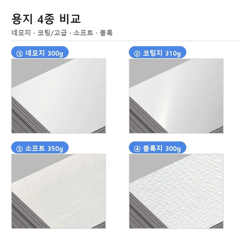 네모지·코팅지·소프트·볼록지 용지 표면을 가까이서 찍은 사진 — 청첩장 용지 비교