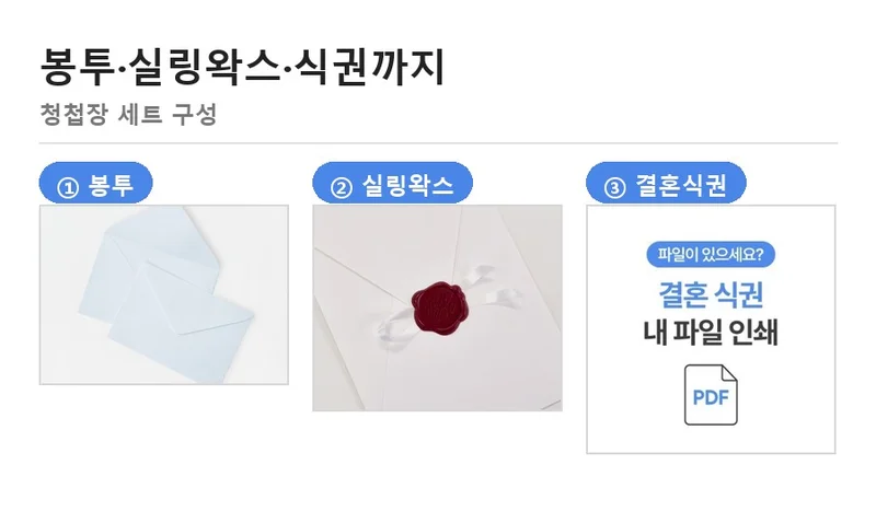 청첩장과 함께 고를 수 있는 봉투, 실링왁스, 결혼식권 — 청첩장 세트 구성