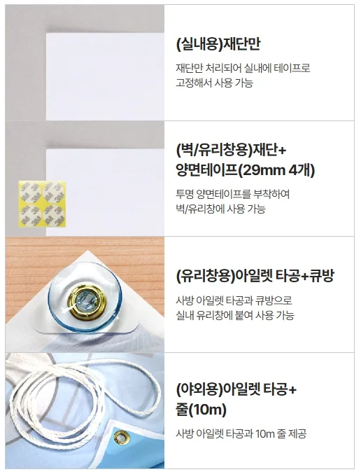현수막 부착 방법에 대한 후가공 사진과 사용처를 나열한 이미지