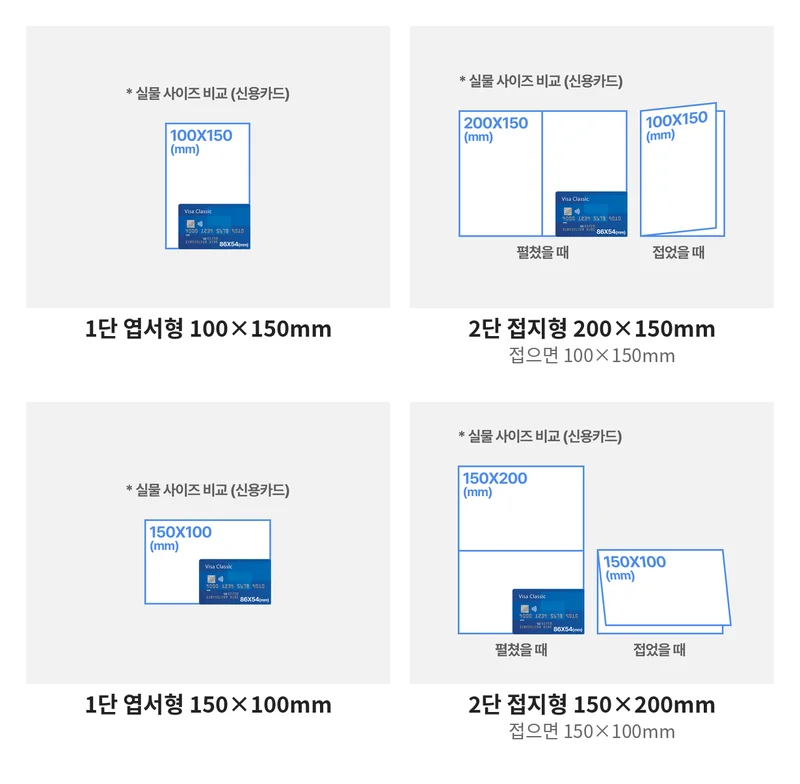 카드와 청첩장을 비교하여 직관적으로 사이즈를 보여주는 예시를 나열한 이미지