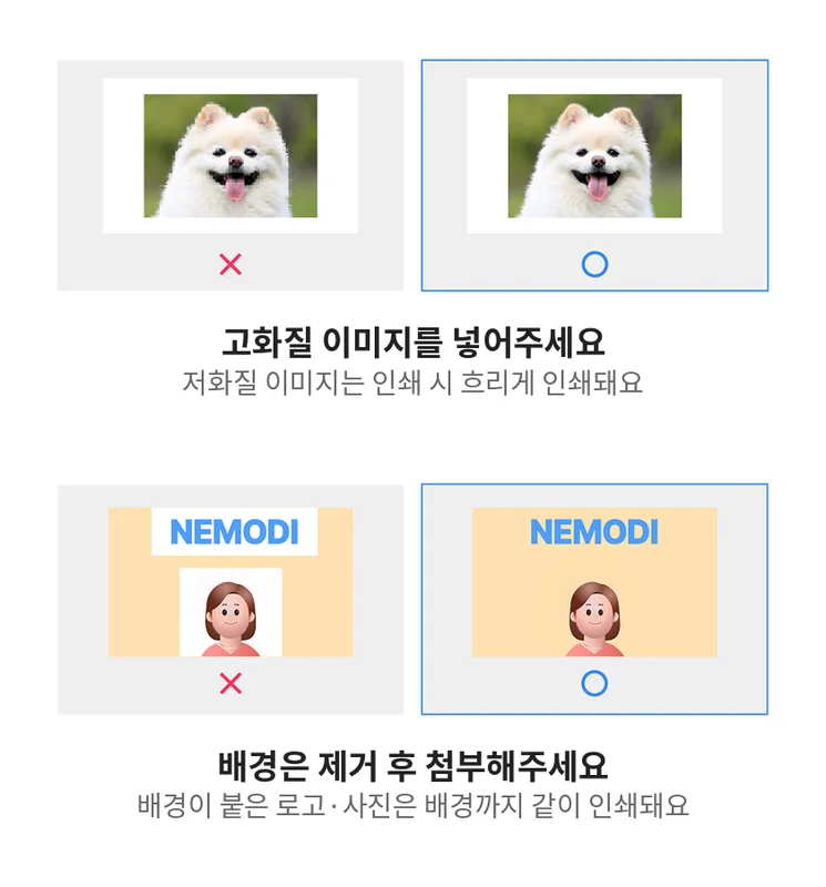 강아지 사진의 해상도를 비교한 이미지와 배경 첨부 미첨부를 비교한 이미지